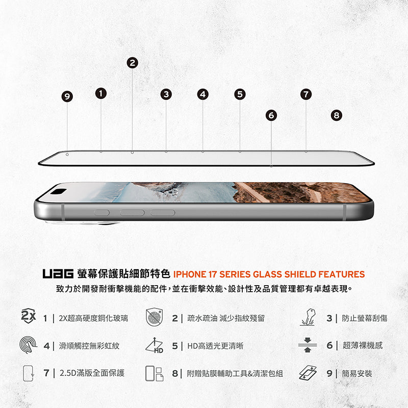 UAG iPhone 17/Air/17 Pro/Pro Max 2.5D滿版鋼化玻璃保護貼