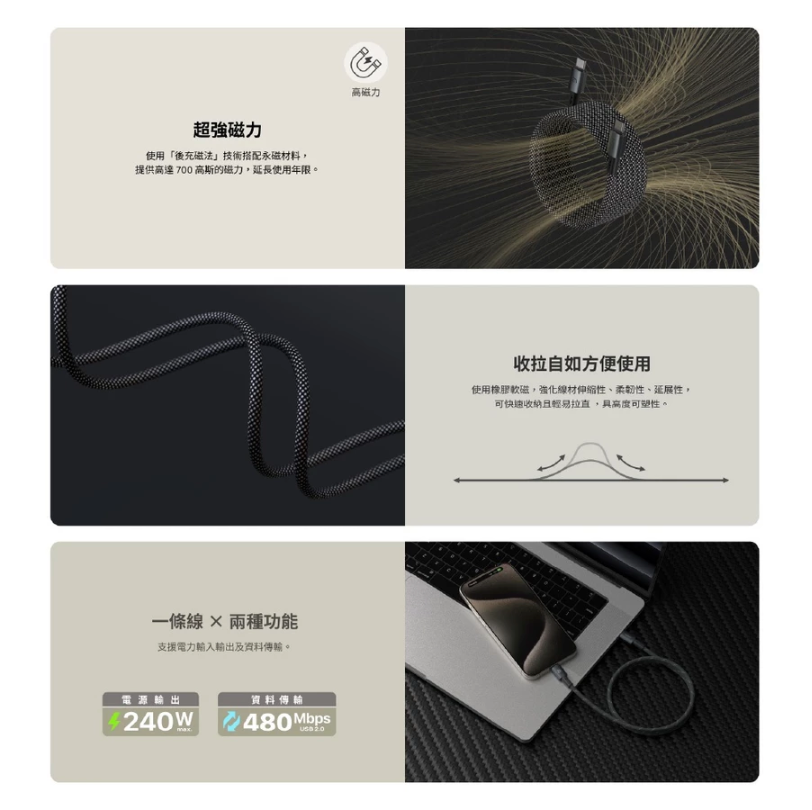 ADAM 亞果元素｜USB-C 對 USB-C｜240W MP100/MP200 磁吸充電線