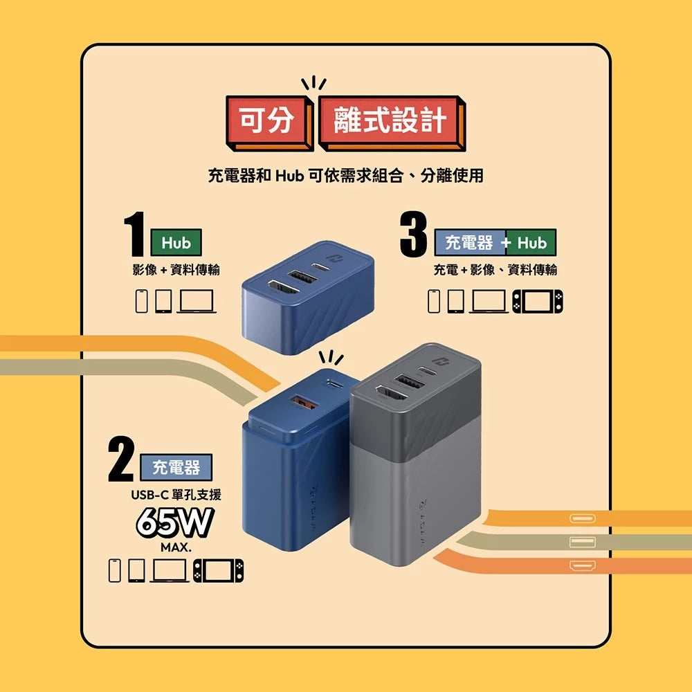 ADAM 亞果元素｜GaN Hub 65W｜氮化鎵影像傳輸電源供應器