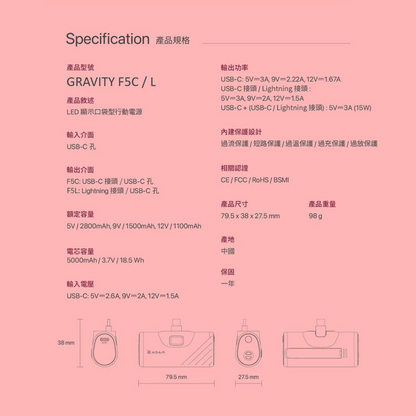 ADAM 亞果元素｜Lightning｜GRAVITY F5C LED 顯示口袋型行動電源